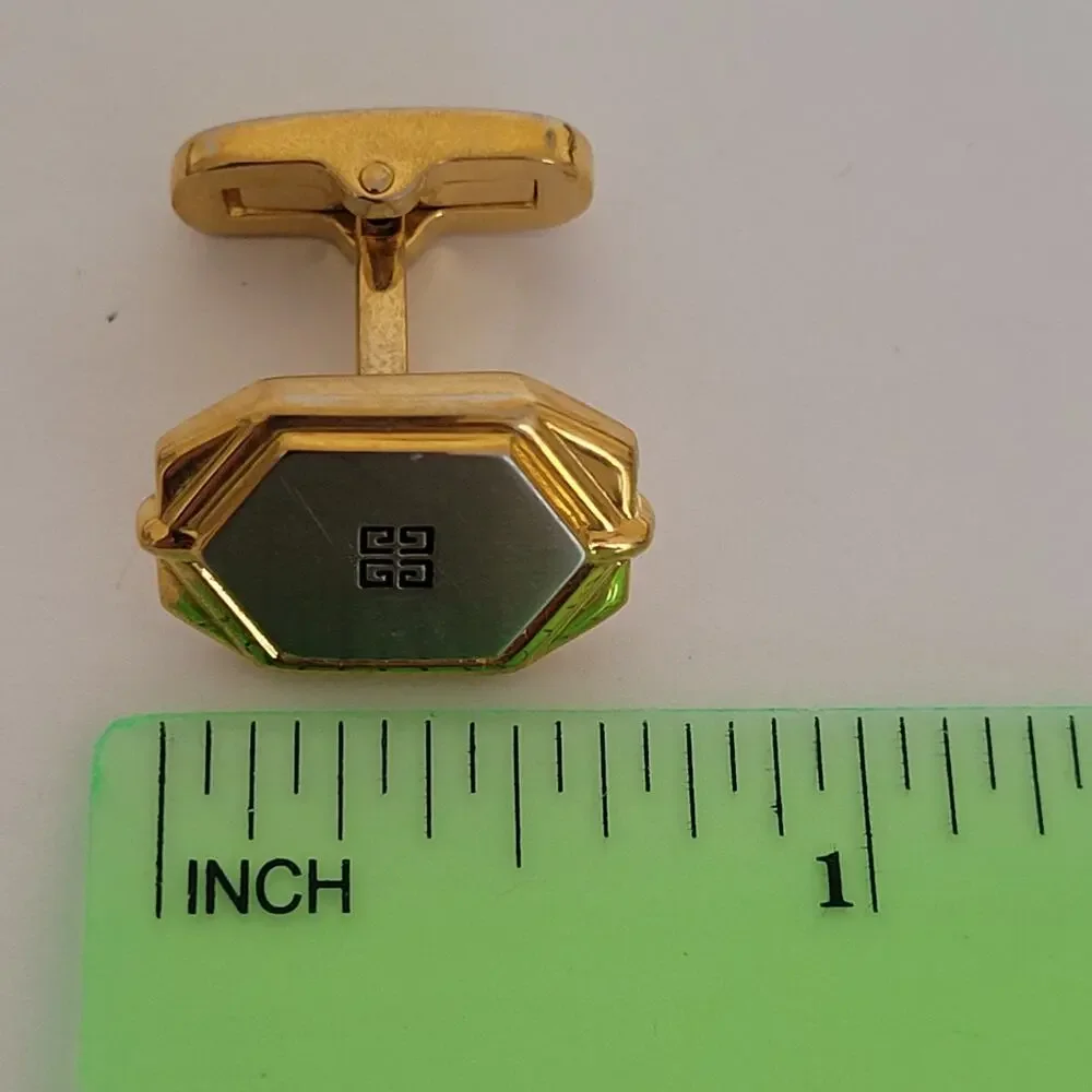Givenchy Cufflinks Set Gold Silver Tone Logo Vintage Geometric Hexagon Retro